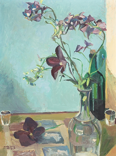 Artwork by Max Böhlen, Blumenstillleben mit Korbea und Rittersporn, Made of oil on canvas