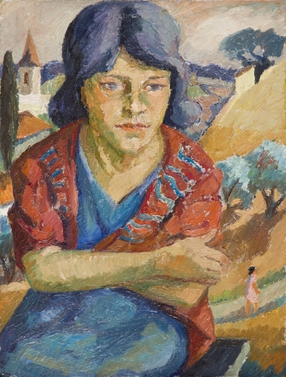 Portrait of girl in red waistcoat by Maria-Mela Muter