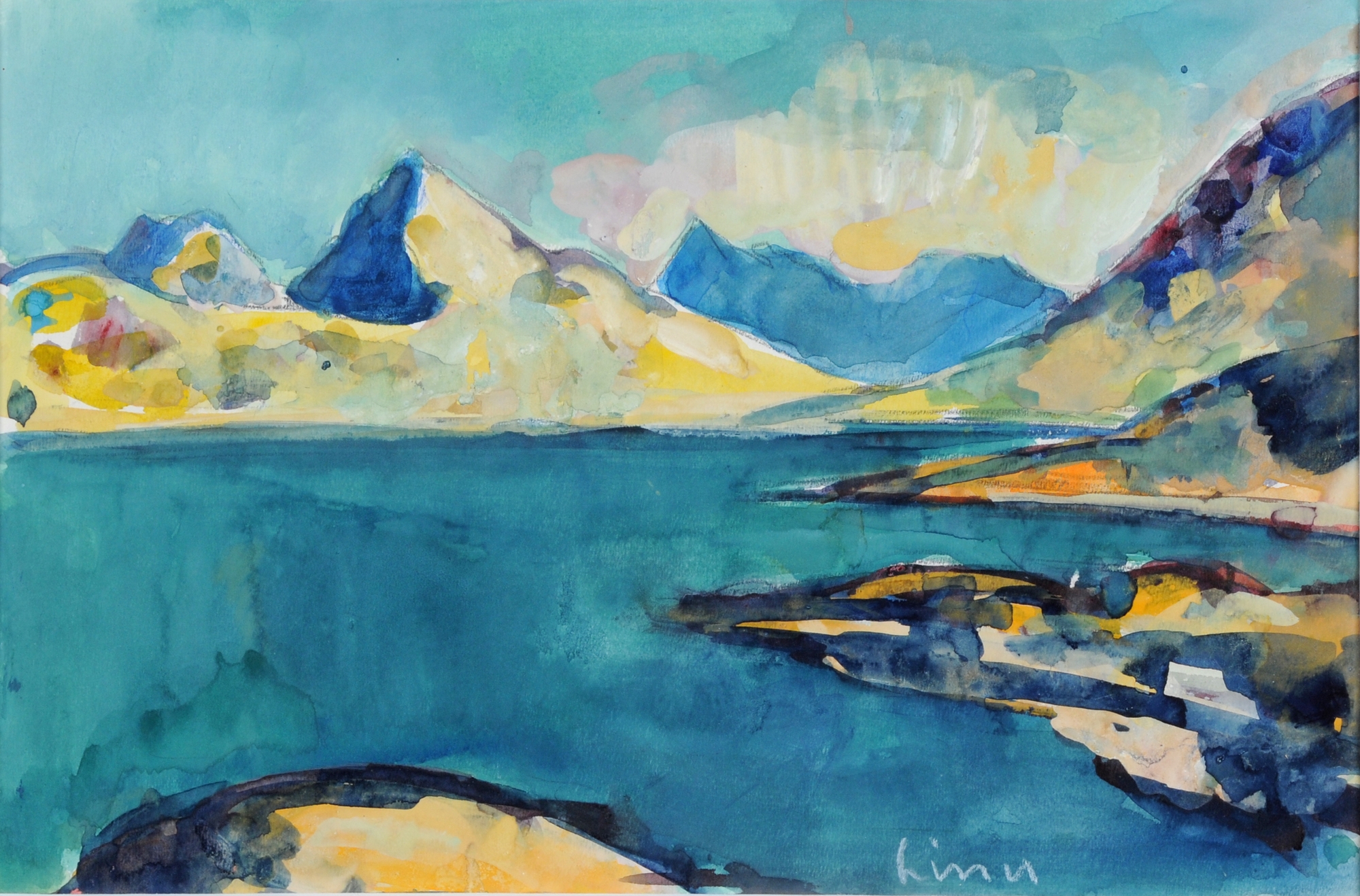 Artwork by Carl Walter Liner, Landscape with Lakes and Mountains, Made of Watercolor