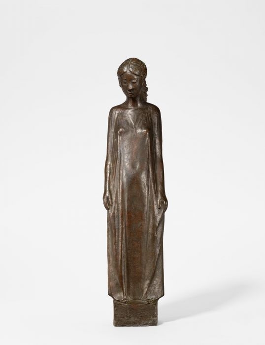 Artwork by Gerhard Marcks, Stehende im langen Hemd, Made of Bronze, patinated brown