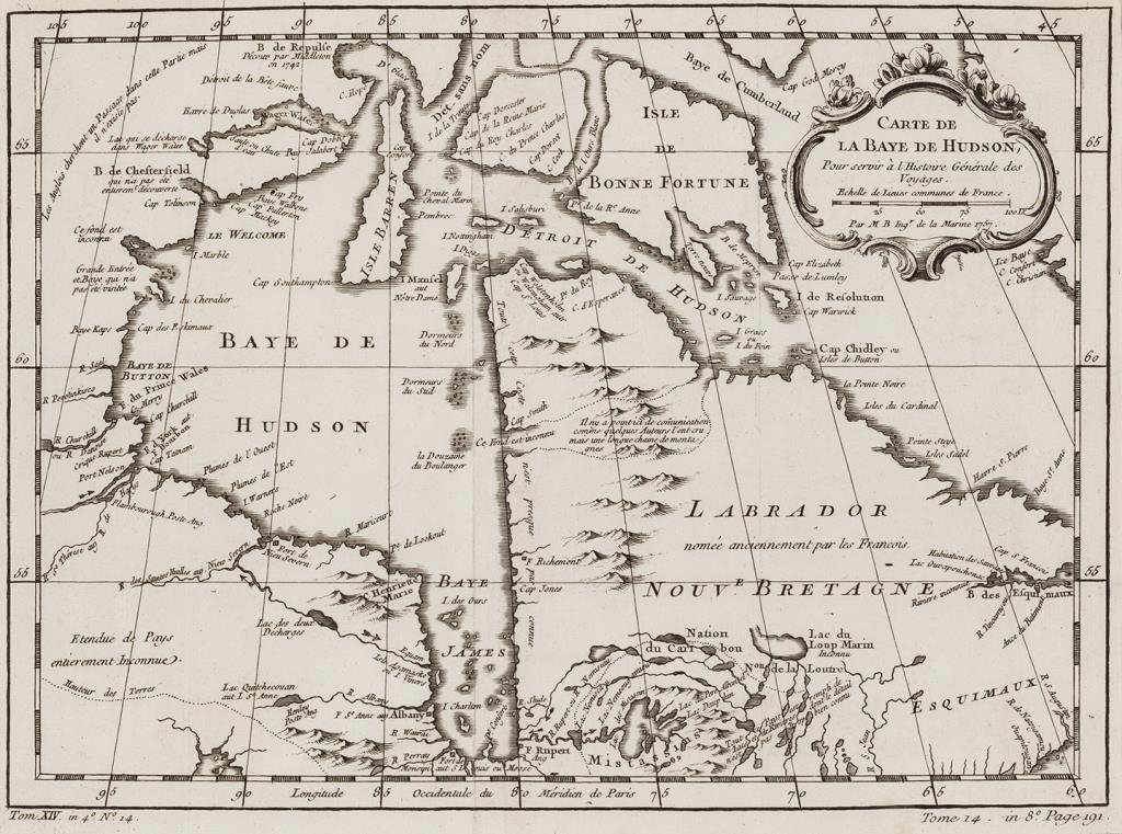 Carte de la Baye de Hudson, Pour servir à l’Histoire Générale des Voyages by Jacques Nicolas Bellin, circa 1757