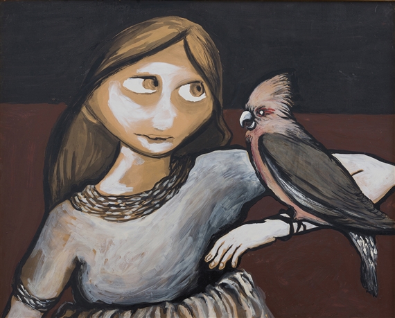 Artwork by Joy Hester, Girl with Cocky, Made of oil on paper on board