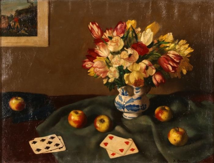 Still Life with Tulips, Apples and Cards by Xavier Bueno, 1942
