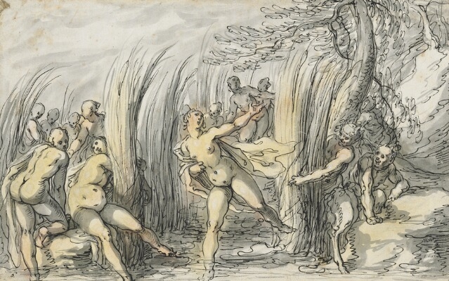 Artwork by Hermann Weyer, Nymphs Chased by Satyrs, Made of Ink, watercolour and white highlights on paper