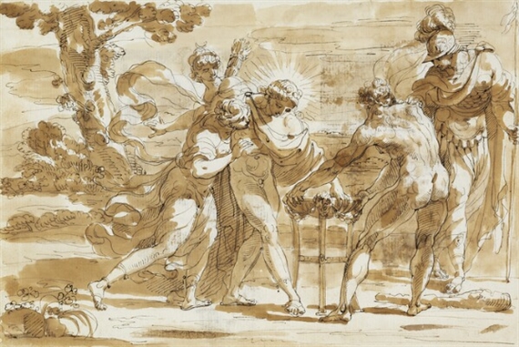 2 Works: Neoclassical Scene with Apollo Diana and Minerva, Prometheus Shaping Man of Clay by Giuseppe Cades
