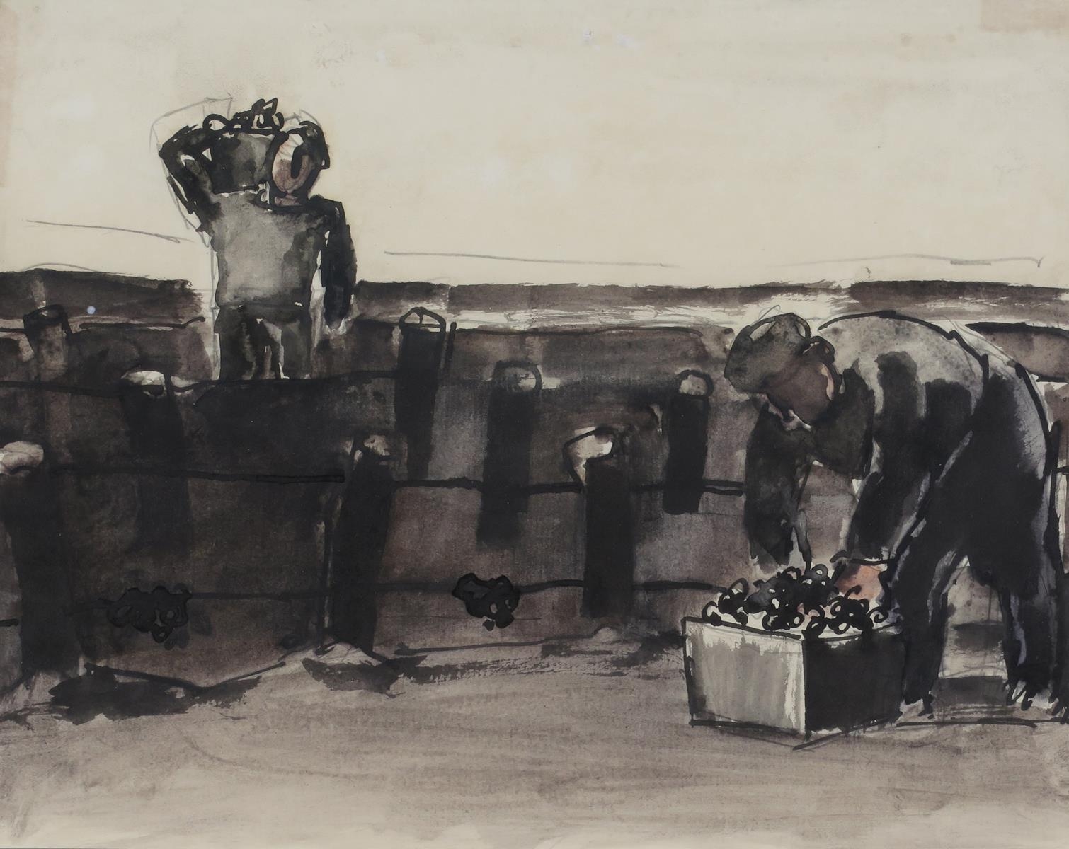 Artwork by Josef Herman, Gathering the grapes, Made of Pen, ink and watercolour