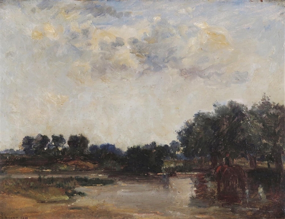 Horses watering in a river landscape by James Levin Henry, 1899