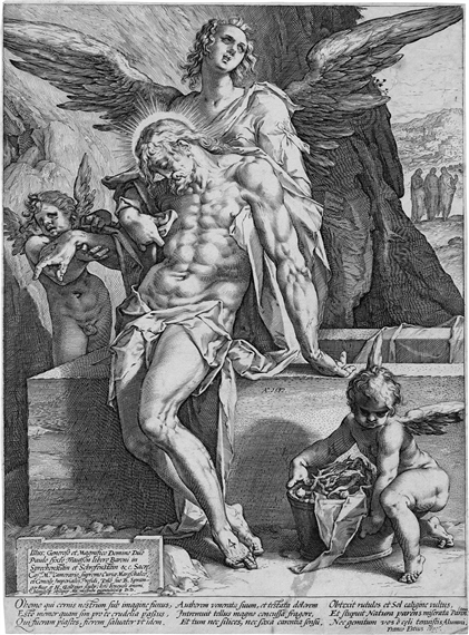 Die tote Christus von Engeln gehalten. by Hendrick Goltzius, 1587