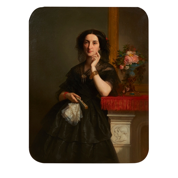 Portrait of an elegant lady by a fireplace by Dominique Antoine Jean Baptiste Magaud, 1856