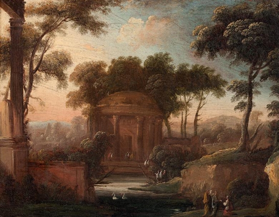 Paysage au temple antique avec les pèlerins d'Emmaüs by Pierre Antoine Patel