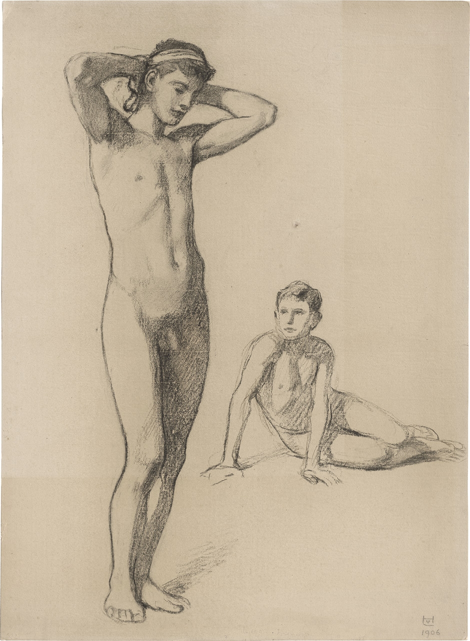 Artwork by Ludwig von Hofmann, Stehender und sitzender Jünglingsakt, Made of black chalk on paper