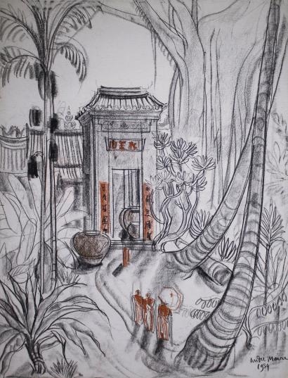 Artwork by André Maire, Moï près d'un Temple, Made of charcoal and sanguine