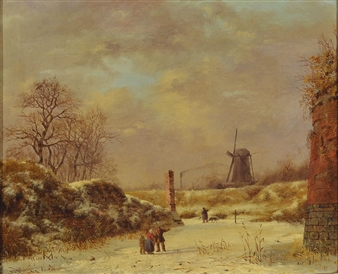 Snowy milllandscape with persons - Albert Eduard Moerman