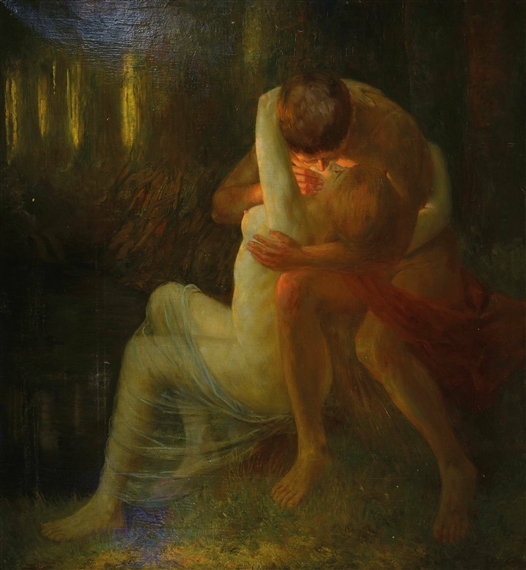Naked couple in passionate embrace in forest by Ernst Bernhard Marx, 1921