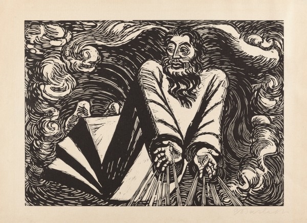 Artwork by Ernst Barlach, Der erste Tag from: Die Wandlung Gottes, Made of Woodcut on firm Japon