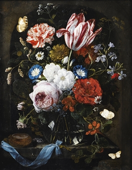 A STILL LIFE OF A RED AND WHITE TULIP, A CARNATION, ROSES, FORGET-ME-NOTS, DWARF MORNING GLORY, NASTURTIUMS AND OTHER FLOWERS IN A GLASS VASE TOGETHER WITH BUTTERFLIES AND OTHER INSECTS, ALL ON A STONE LEDGE WITH A WATCH AND A KEY ON A BLUE SATIN RIBBON - Nicolaes van Veerendael