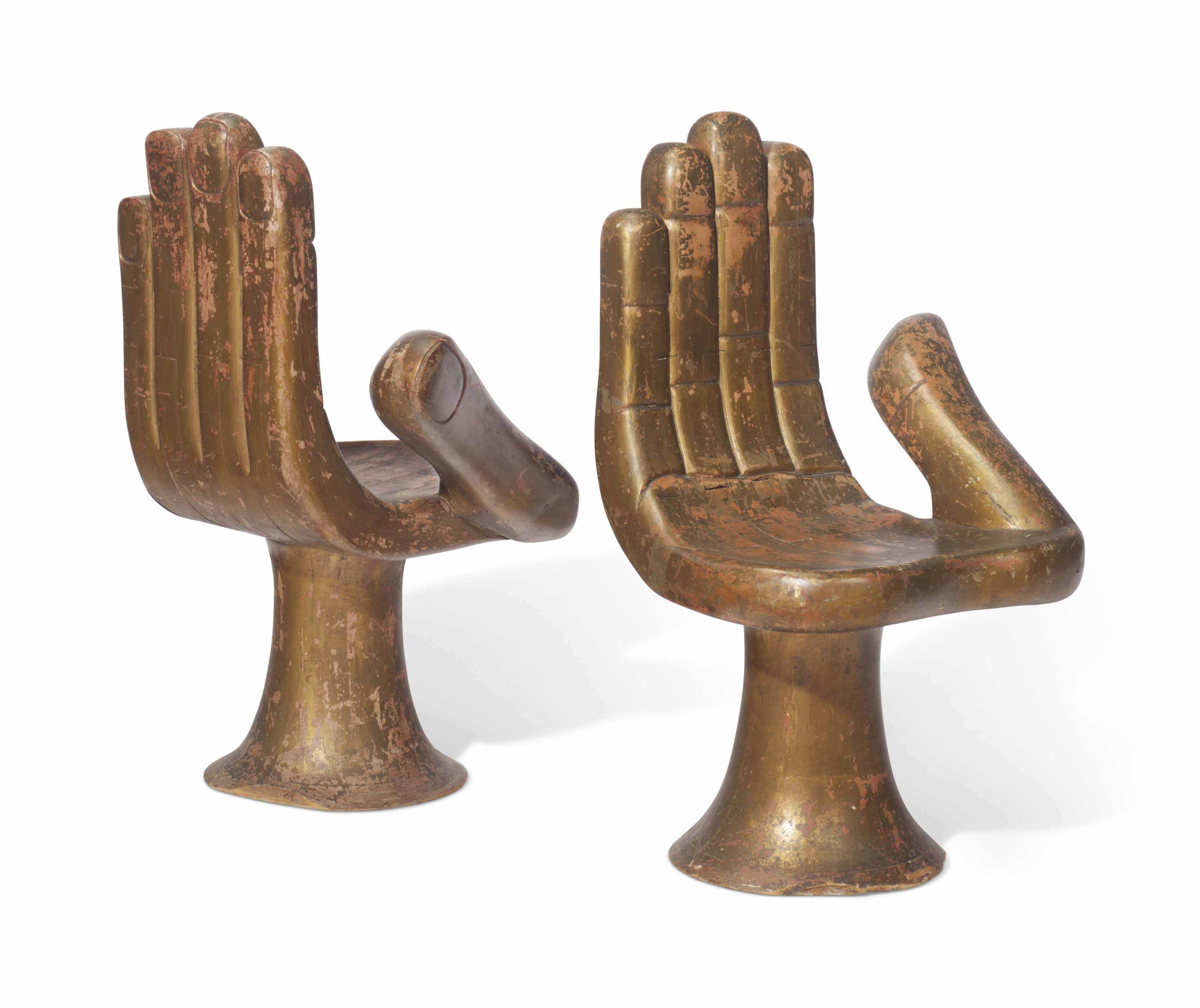 Artwork by Pedro Friedeberg, Hand Chair (a pair), Made of hand carved wood with gold leaf