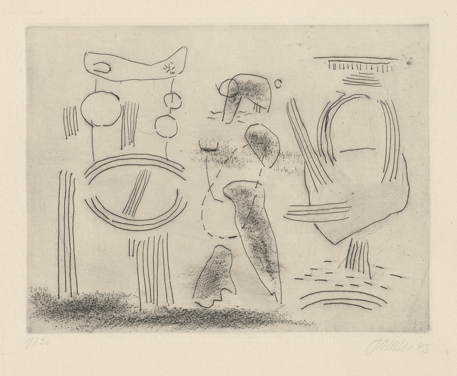 Artwork by Willi Baumeister, Mykene, Made of drypoint, roulette on japon