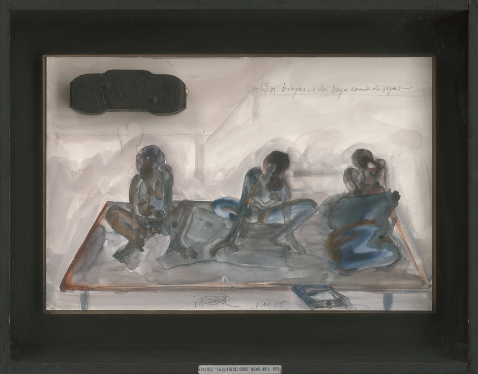 Artwork by Wolf Vostell, "La Quinta del Sordo (Goya) Nr. 9 - Dos brujas - o dos viejos comiendo sopas", Made of watercolor and chalk over pencil, briquette of coal on cardboard, in display box