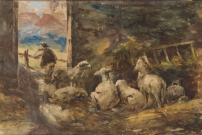 Rybkowski Tadeusz Highlander And Sheep By The Hay Feeder 1907