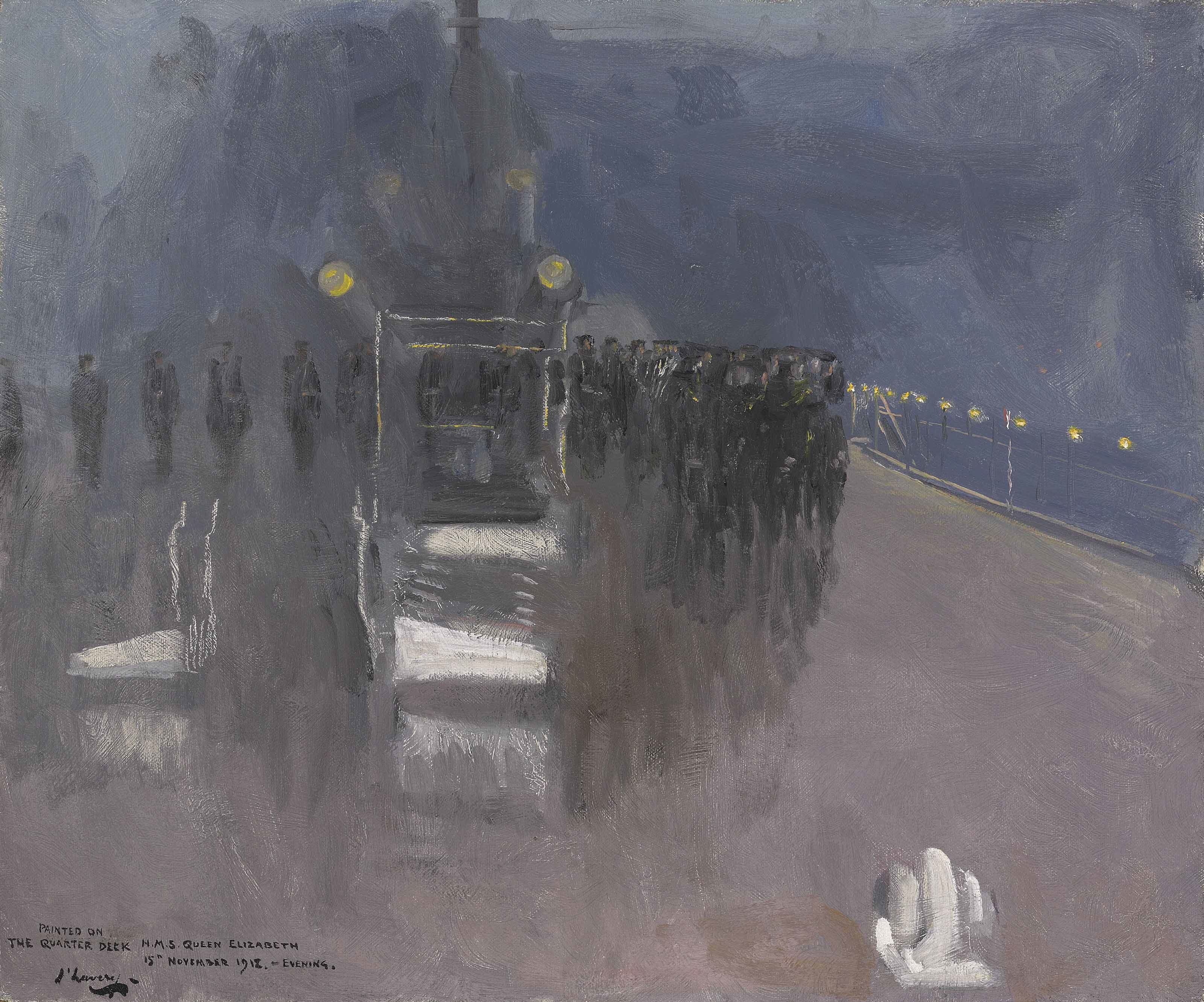 Artwork by John Lavery, The German Delegates' arrival on board H.M.S. Queen Elizabeth 15th November, Made of oil on canvas