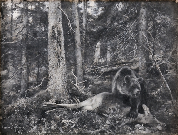 Björn med älgkalv by Bruno Liljefors, 1890