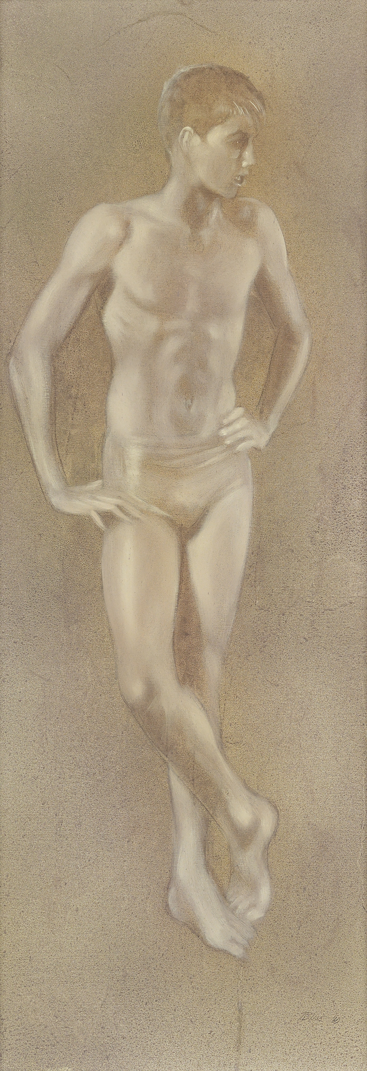 Artwork by Robert R. Bliss, Standing Youth in Swim Trunks, Hands on Hips, Made of Oil on masonite