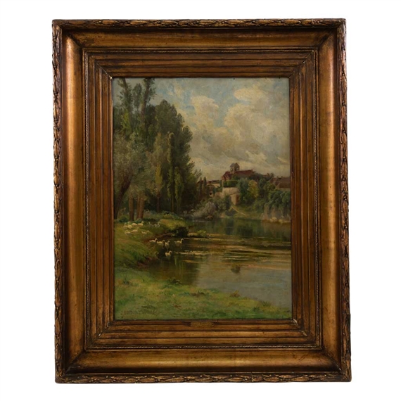PAISAJE CON LAGO Y CISNES by Jacques Armand Gaston Bonneau