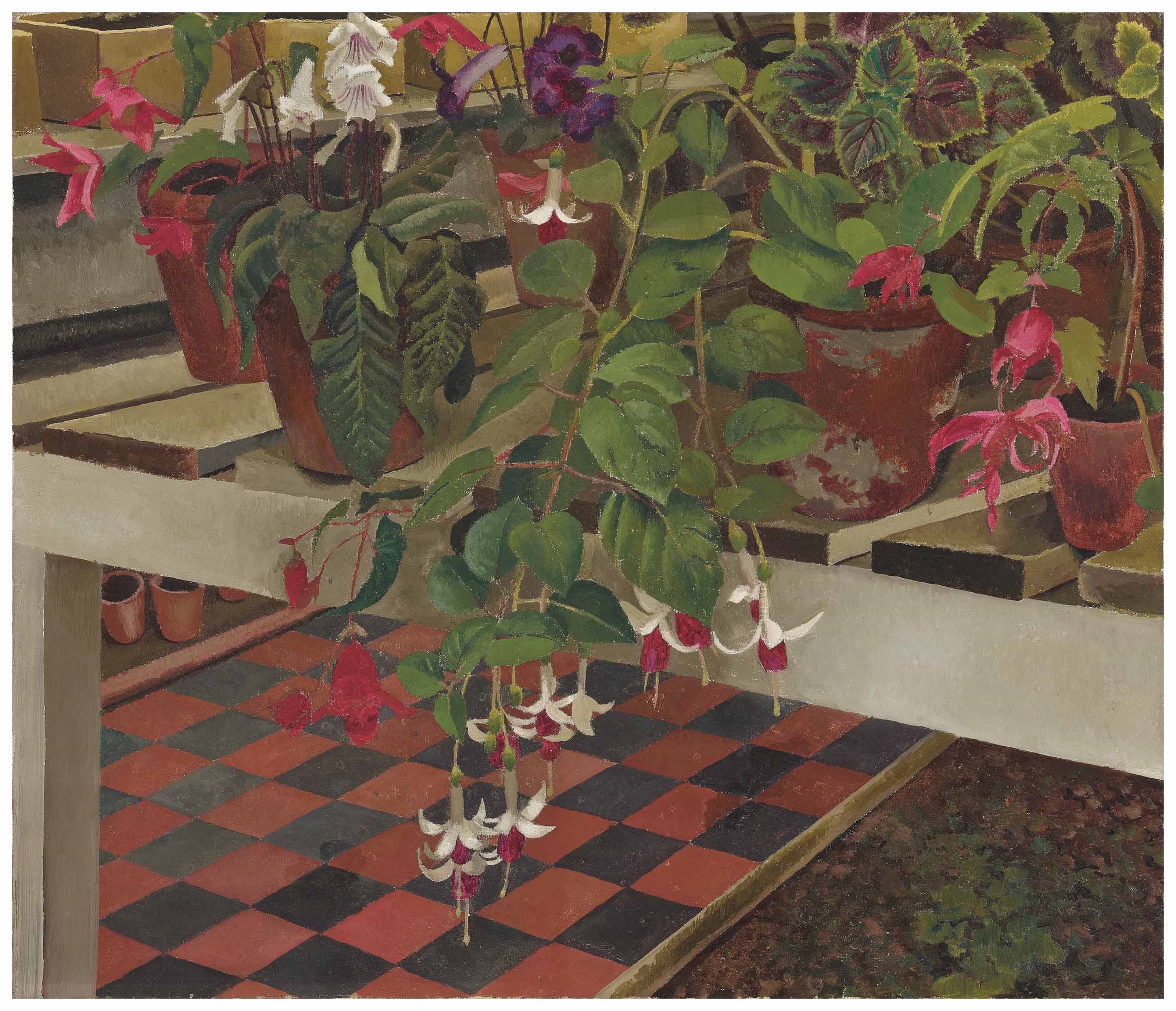 Artwork by Stanley Spencer, Greenhouse Interior, Made of oil on canvas