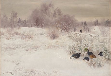 Artwork by Bruno Liljefors, WINTER LANDSCAPE WITH BIRDS, Made of Oil on canvas