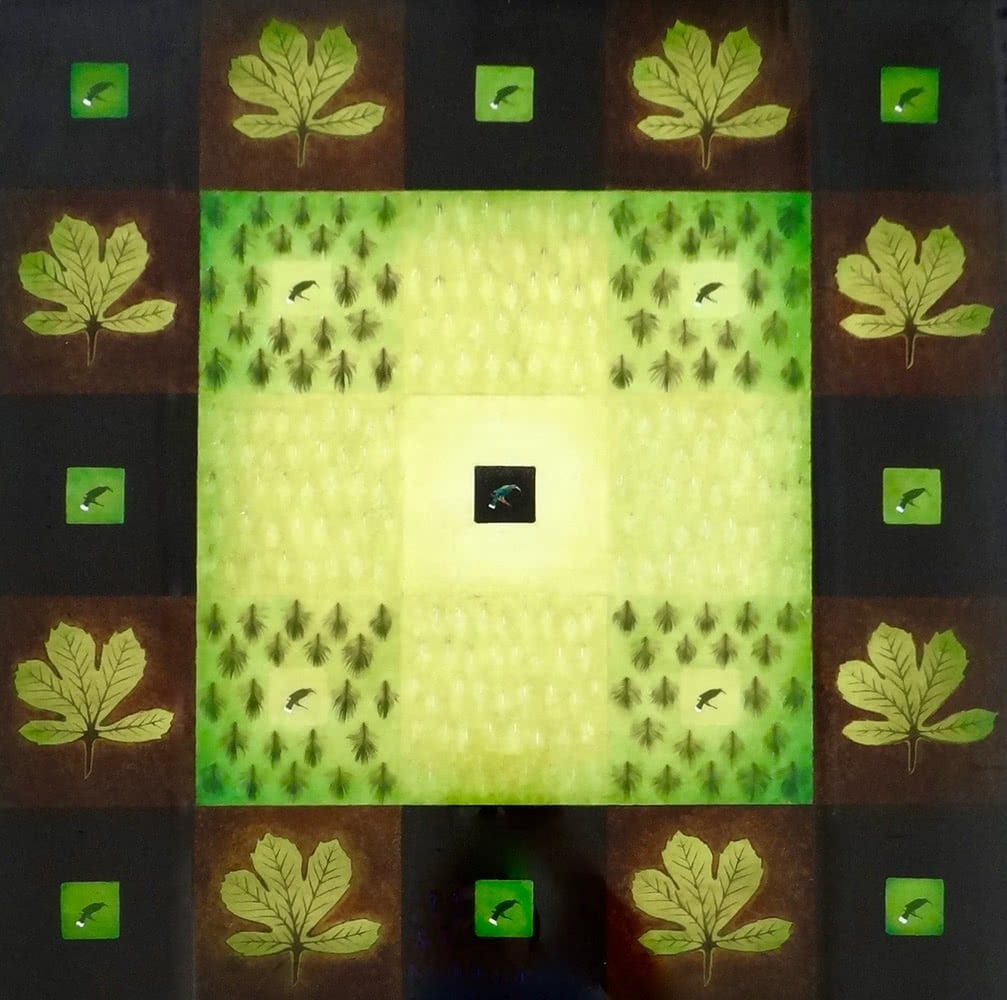 Artwork by Nic Moon, Backyard Bird Sanctuary Huia 1, Made of Oil, wax, feathers & pencil on board