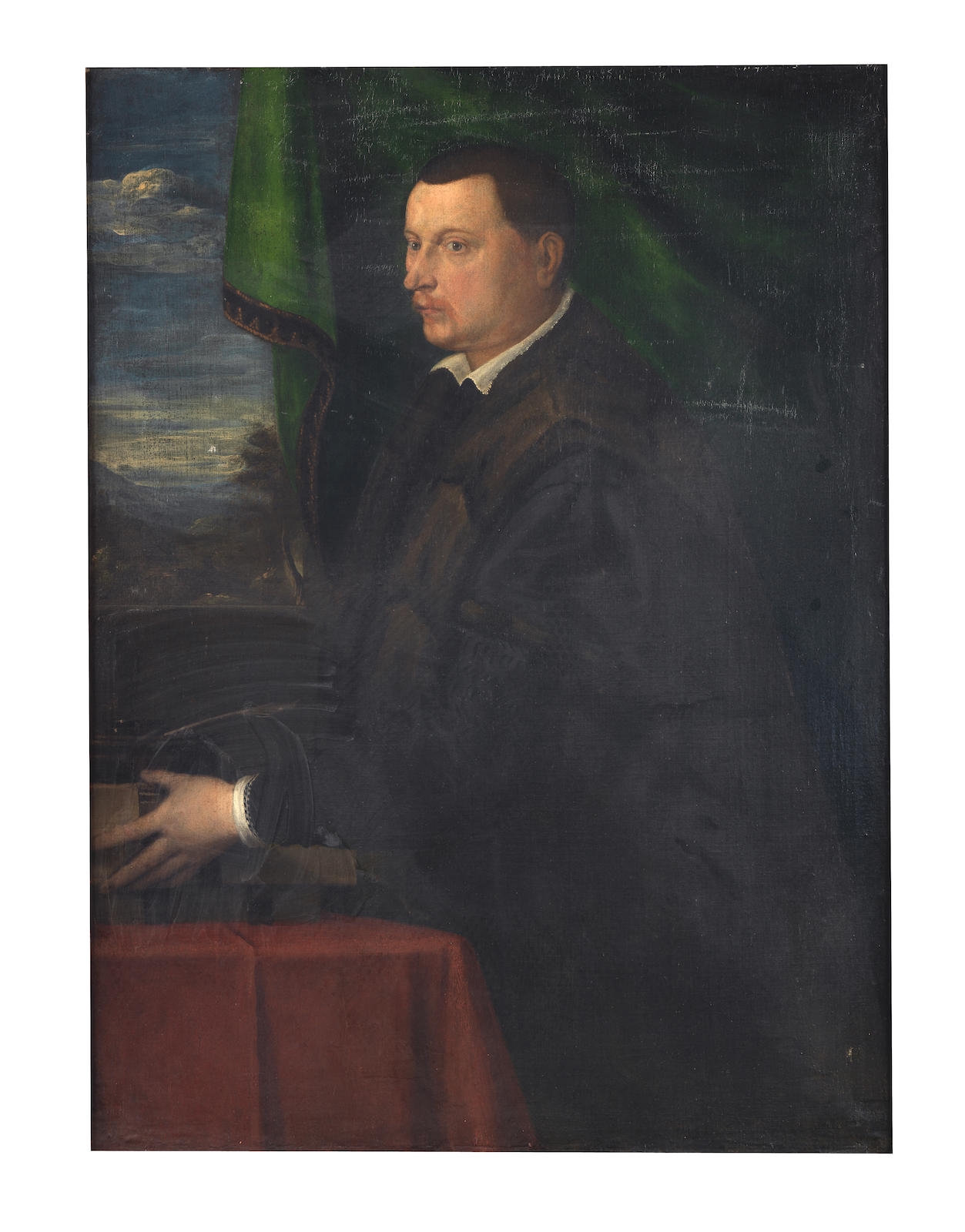 Portrait of a gentleman, three-quarter-length, in black costume, standing before a green curtain, a view to a landscape beyond by Bergamo School, 16th Century