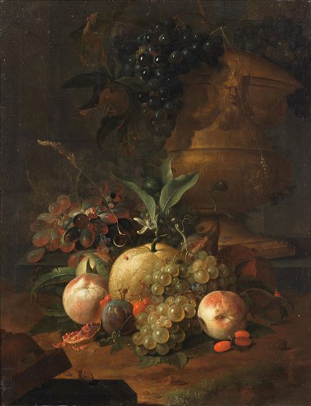 Peaches, plums, grapes and other fruit in a landscape by Coenraet Conrad Roepel