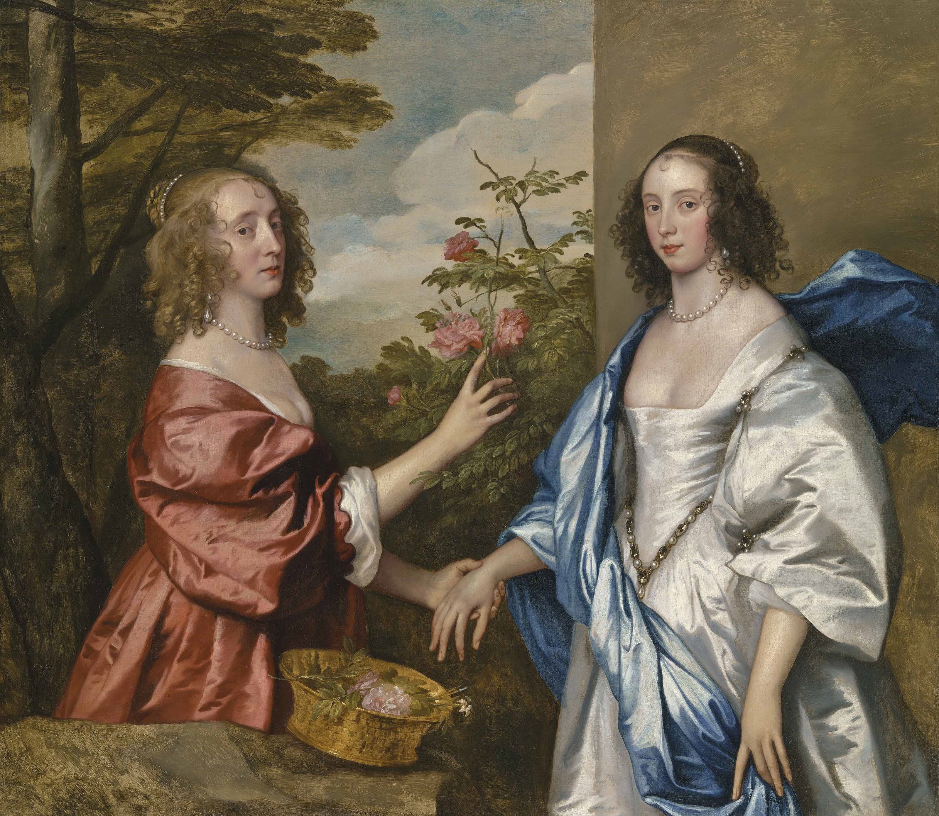 Artwork by Anthony van Dyck, The Cheeke Sisters: Essex, Countess of Manchester (d. 1658), and Anne, Lady Rich (d. c. 1655), three-quarter-length, in a landscape, Made of oil on canvas
