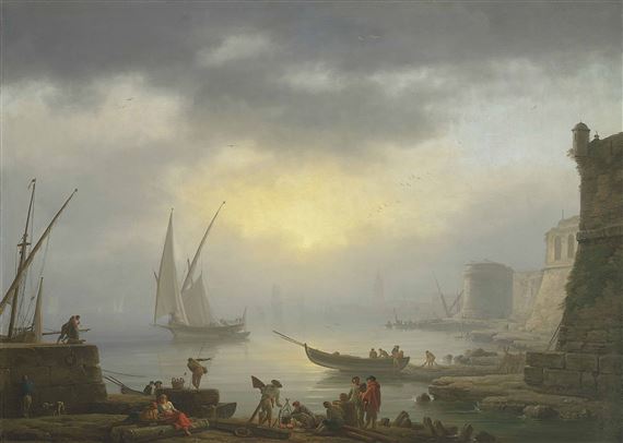 A harbour at sunrise by Claude-Joseph Vernet, 1747