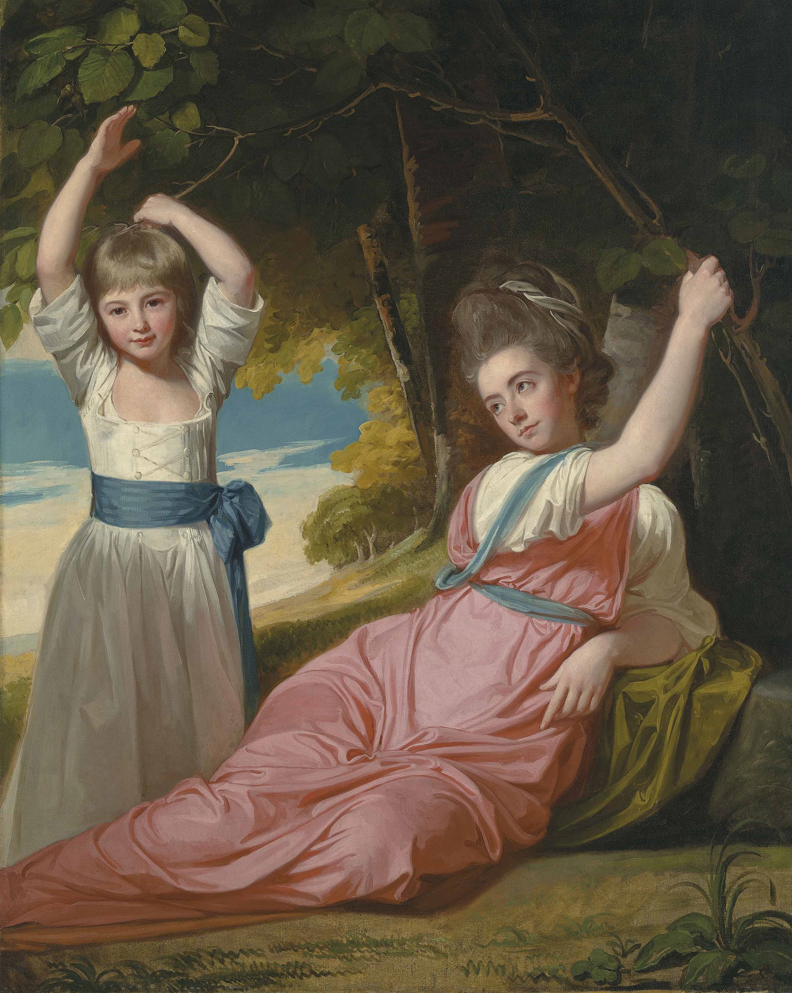 Artwork by George Romney, The Boone children: Double portrait of Harriet (b. 1764), in a pink dress, semi-recumbent, and Charles (b. 1774), in a white dress with a blue sash, in a landscape, Made of oil on canvas