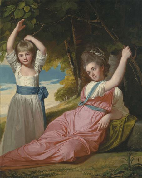 The Boone children: Double portrait of Harriet (b. 1764), in a pink dress, semi-recumbent, and Charles (b. 1774), in a white dress with a blue sash, in a landscape by George Romney