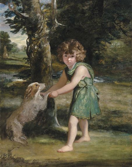 Portrait of the Hon. John Tufton (1773-1799), full-length, in green classical dress, playing with a spaniel in a landscape by Sir Joshua Reynolds