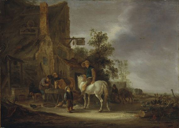 A horseman halting at an inn, with a landscape beyond by Isack van Ostade, 1642
