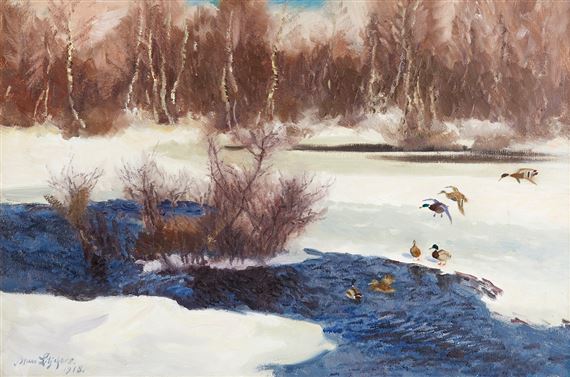 Gräsänder vid fruset vattendrag by Bruno Liljefors, 1918