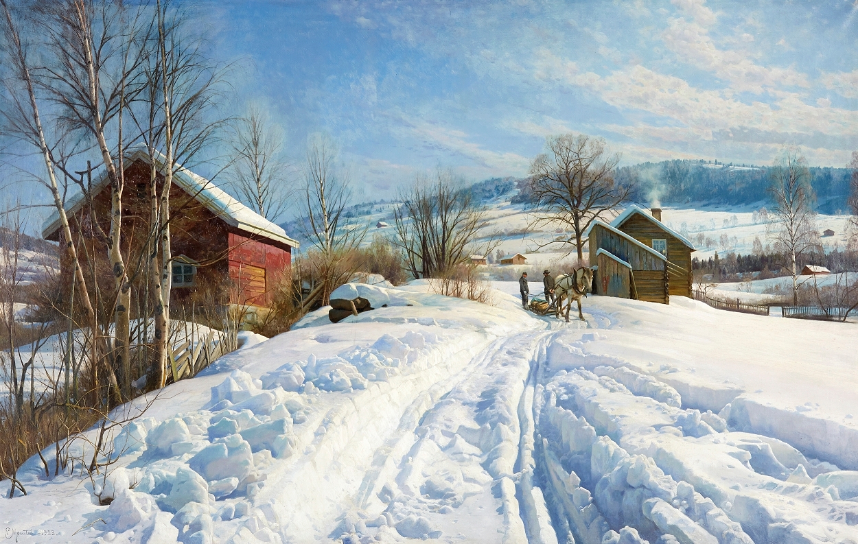 Artwork by Peder Mork Monsted, Fjällandskap en solig vinterdag, Made of Oil on canvas