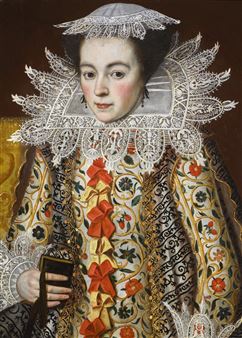PORTRAIT OF A LADY, HALF-LENGTH, WEARING AN ELABORATELY EMBROIDERED WAISTCOAT WITH RED AND YELLOW RIBBONS, LACE COLLAR AND LACE CAP, HOLDING A PRAYER BOOK - William Larkin