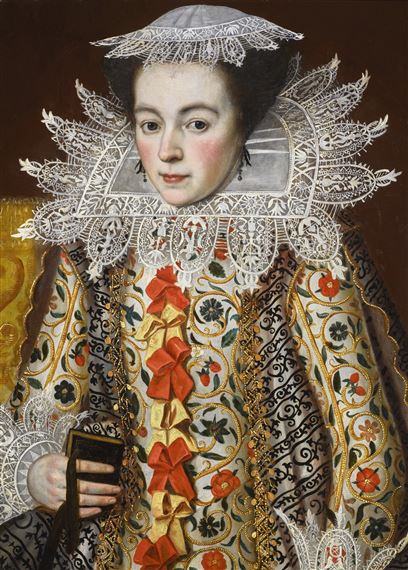 PORTRAIT OF A LADY, HALF-LENGTH, WEARING AN ELABORATELY EMBROIDERED WAISTCOAT WITH RED AND YELLOW RIBBONS, LACE COLLAR AND LACE CAP, HOLDING A PRAYER BOOK by William Larkin