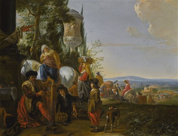 A MAN PLAYING A HARP AND OTHER FIGURES IN AN ITALIANATE LANDSCAPE by Hendrick Verschuring, 1656