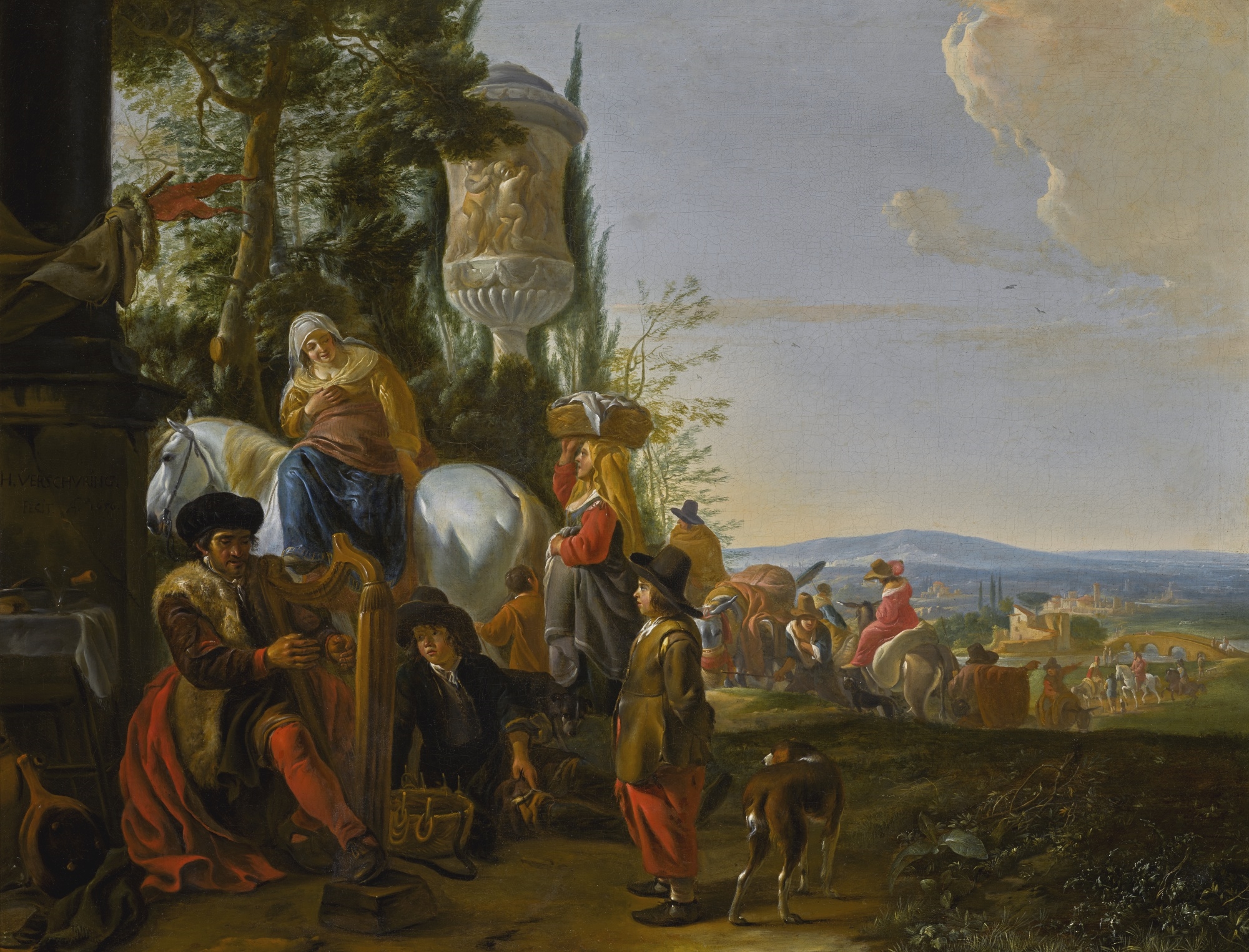 Artwork by Hendrick Verschuring, A MAN PLAYING A HARP AND OTHER FIGURES IN AN ITALIANATE LANDSCAPE, Made of oil on canvas