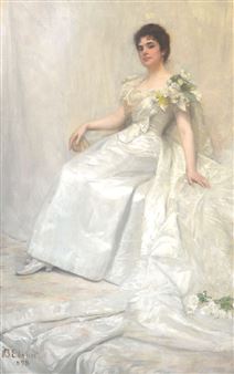 Full length society portrait of a lady seated and wearing a white satin dress, a bouquet beside her by Bernard Evans Ward, 1898