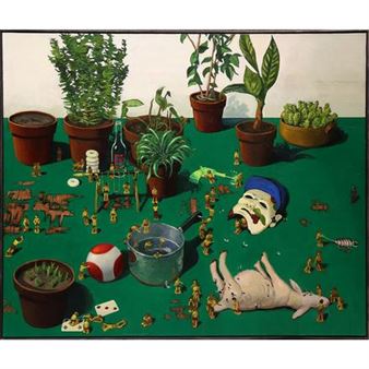 A surreal tabletop scene featuring miniature soldiers, potted plants, and a discarded face on a vivid green surface.