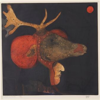 El Dia de los Muertos," depicting the profile of a figure wearing an antlered hat - Leonardo Lasansky