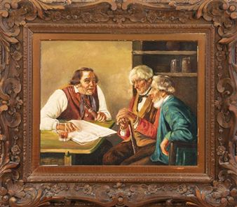 Interior genre scene with three men discussing the daily news - Henry Kudlich