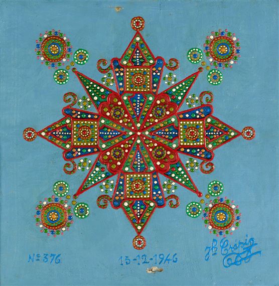 A vibrant geometric mandala with a starburst center and circular motifs on a light blue background.